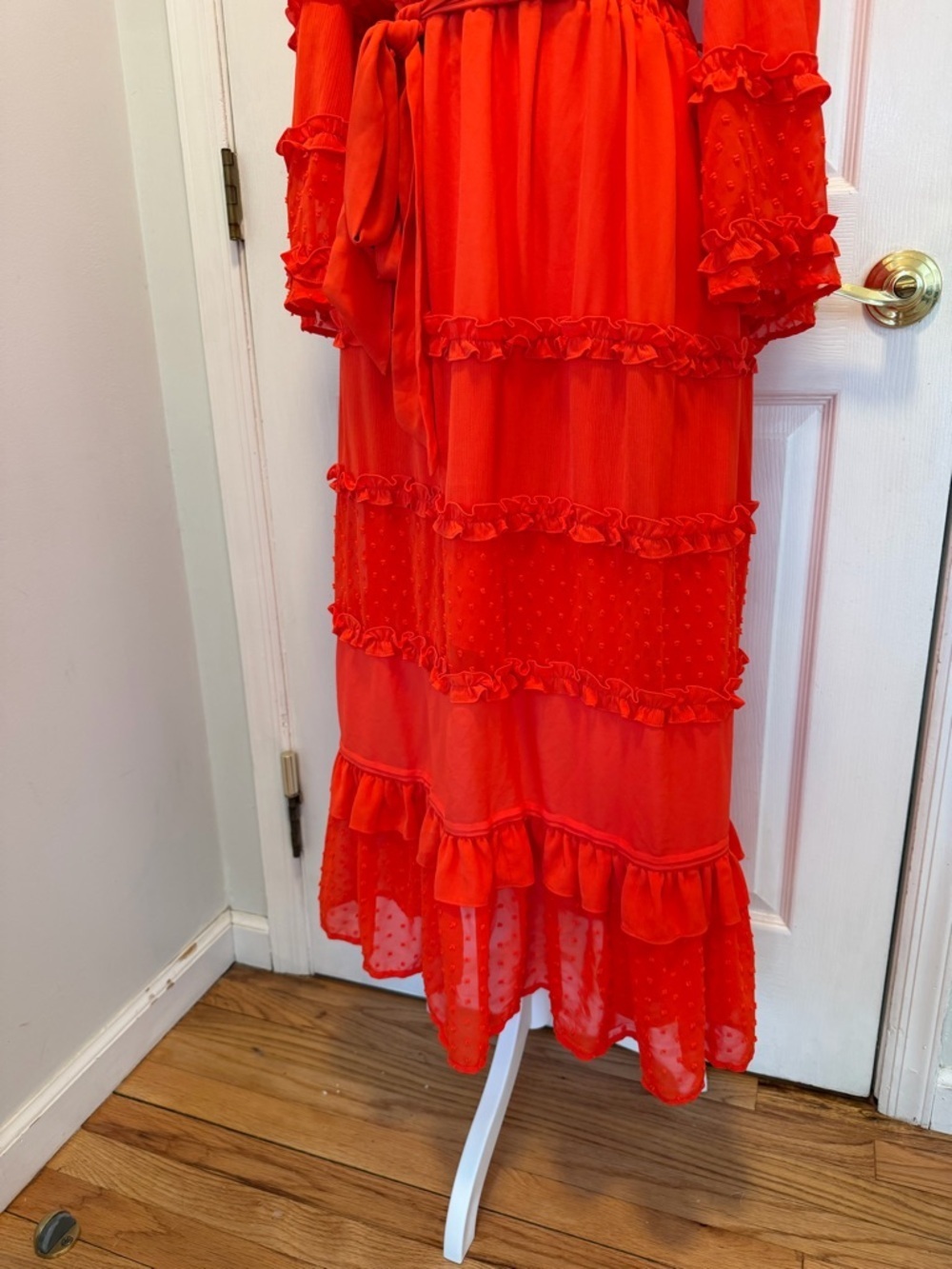 ALEXIS for Target Red Clip Dot Ruffle Tiered Midi Dress Angel Sleeve Wrap Size M - Picture 8 of 15